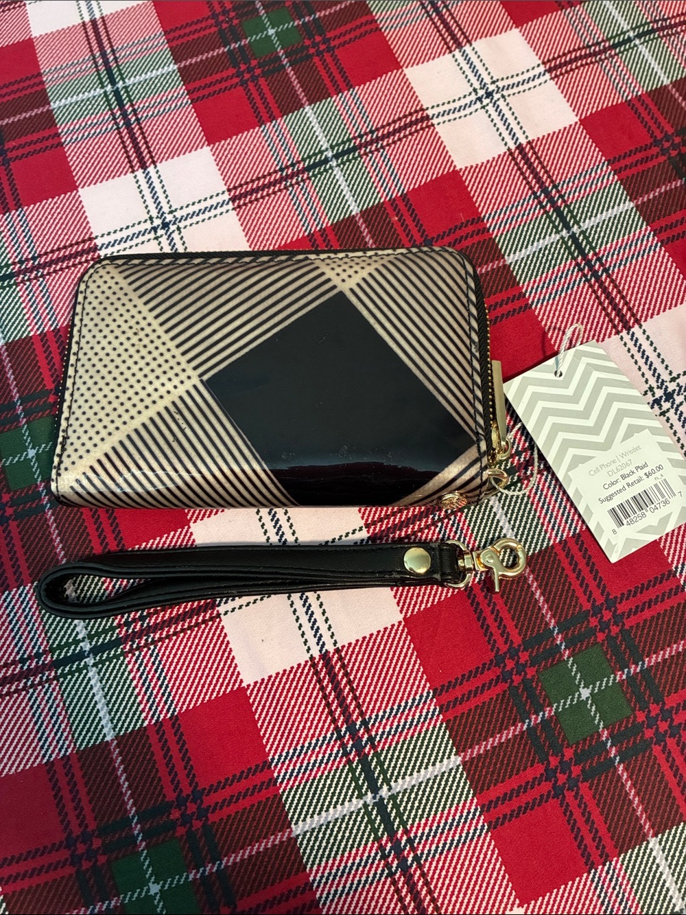 Deux Lux Black and Beige Geometric Patent Wristlet Clutch